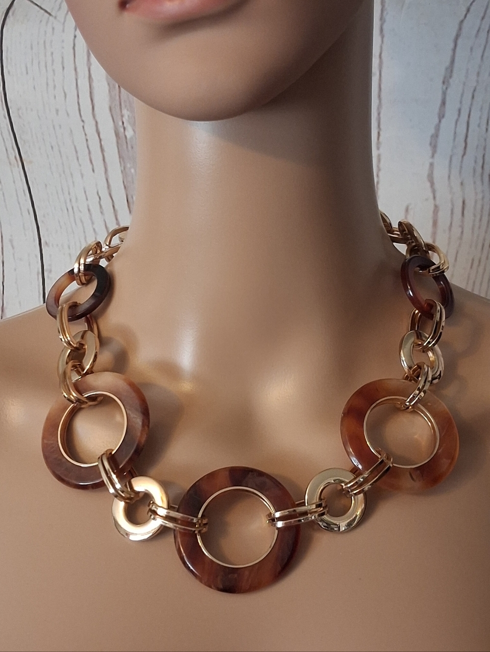 Goldtone Chain Necklace with Faux Tortoiseshell Rings - Women Jewelry